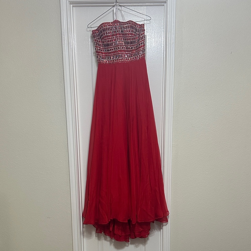 Sherri Hill Strapless Red Gown with Silver and Red Beading